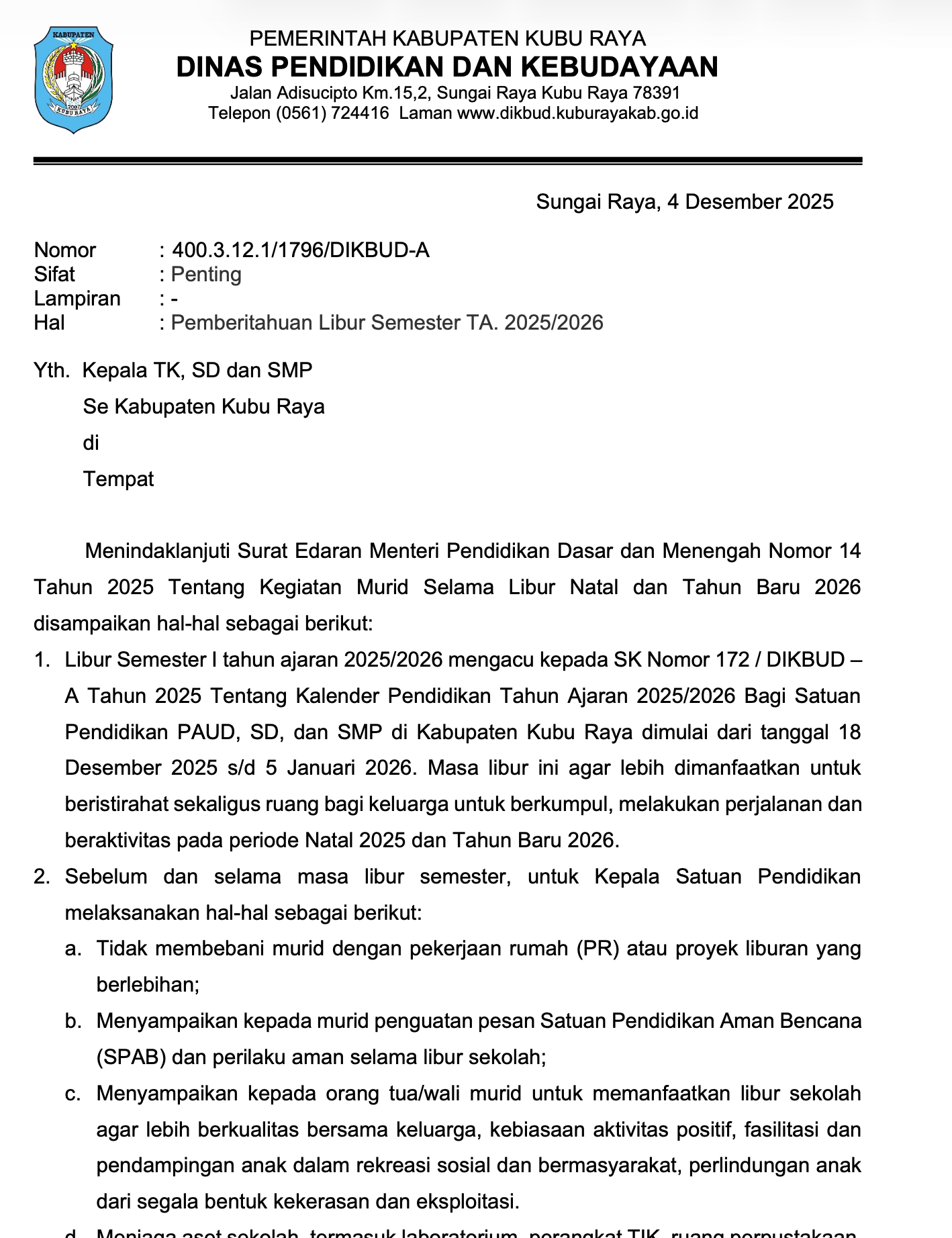 PEMBERITAHUAN LIBUR SEMESTER GANJIL TAHUN AJARAN 2025/2026